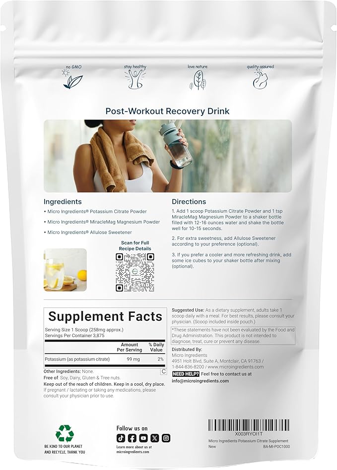 US Origin Potassium Citrate Powder 1 KG (35 Ounce) | Essential Hydration Electrolyte Supplement | Vegan Friendly