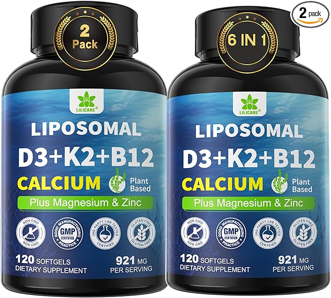 6-in-1 Liposomal Vitamin D3 K2 Calcium Supplement - Plant Based Calcium 600mg with Vegan Vitamin D3 5000 iu + Vitamin K K2 MK7 + B12 Algae Ca-lcium Magnesium Zinc for Bone Softgels 2 Pack