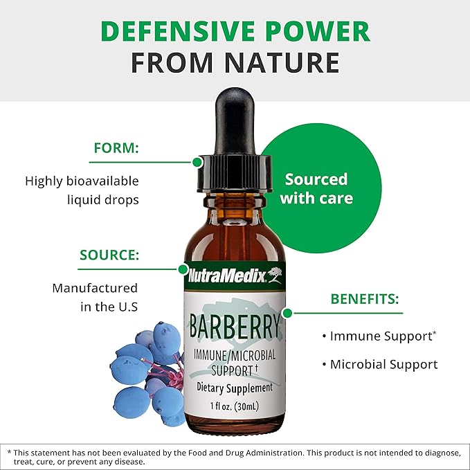 NutraMedix Barberry Immune Support &amp Antioxidants Supplement - Liquid Oregon Grape Root Extract for Gut Health Immunity &amp Microbial Support - Herbal Tinctures for Immune Health (1oz / 30ml)