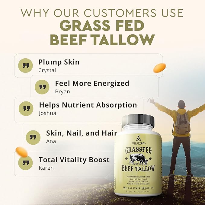 Ancestral Supplements Grass Fed Beef Tallow Capsules 3000mg Nourishing Kidney Fat Supplement Supports Bones Teeth Gums Skin Immune and Overall Health Non-GMO 180 Capsules