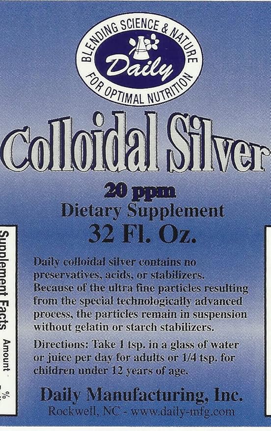 Daily Manufacturing Colloidal Silver (20 ppm - No Preservatives Acids or Stabilizers) 32 oz Amber Glass Bottles