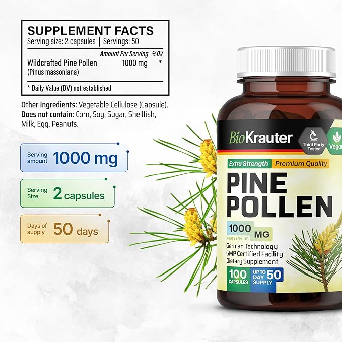 BIO KRAUTER® Pine Pollen for Men's Support - Pure &amp Vegan Pine Pollen Extract 1000 mg per Serving - Immune Support Supplement &amp Antioxidants - 100 Capsules 50-Day Supply Non-GMO Herbal Suppl