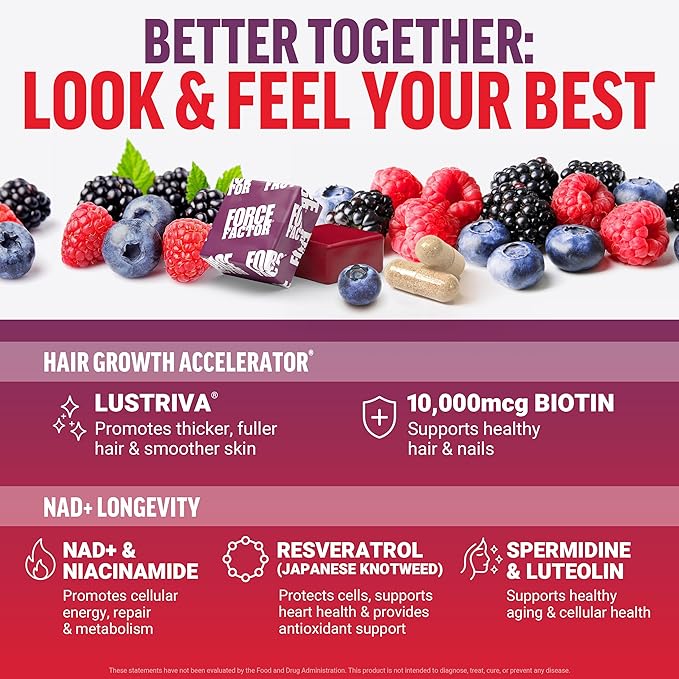Bundle of FORCE FACTOR NAD+ + Force Factor Hair Growth Accelerator Soft Chews Mixed Berry 60 Soft Chews