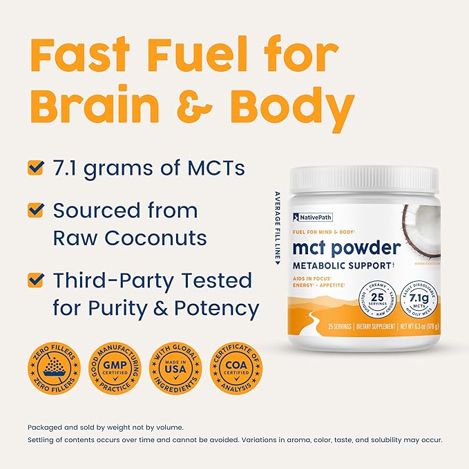 NativePath MCT Oil Powder Supplement - Unflavored MCT Powder with Keto-Friendly C8 MCTs. Free of Dairy Gluten and GMOs 25 Servings