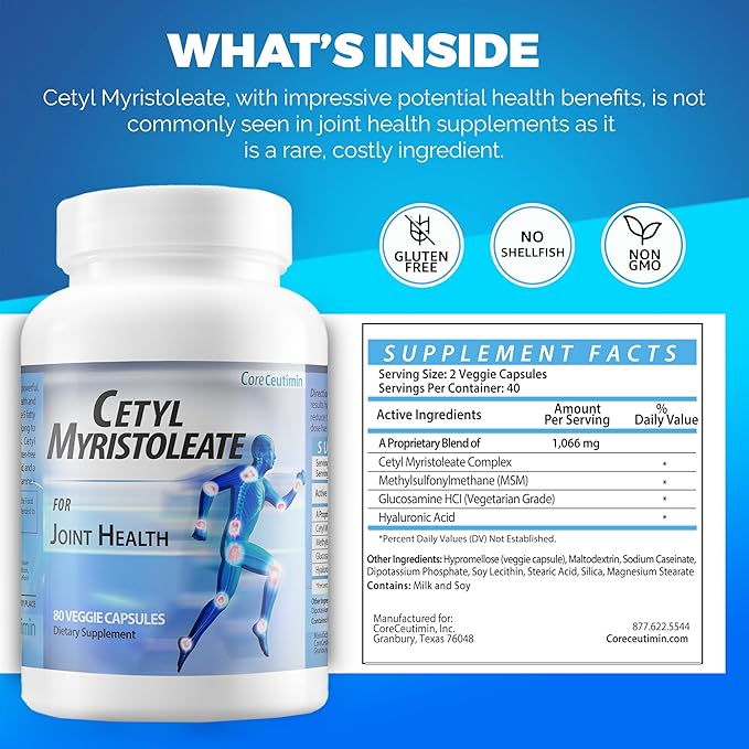 Cetyl Myristoleate - Omega 5 Fatty Acid - Ultra Support for Relief from Joint Discomfort and Stiffness - Also Includes Glucosamine MSM &amp Hyaluronic Acid - 80 Capsules
