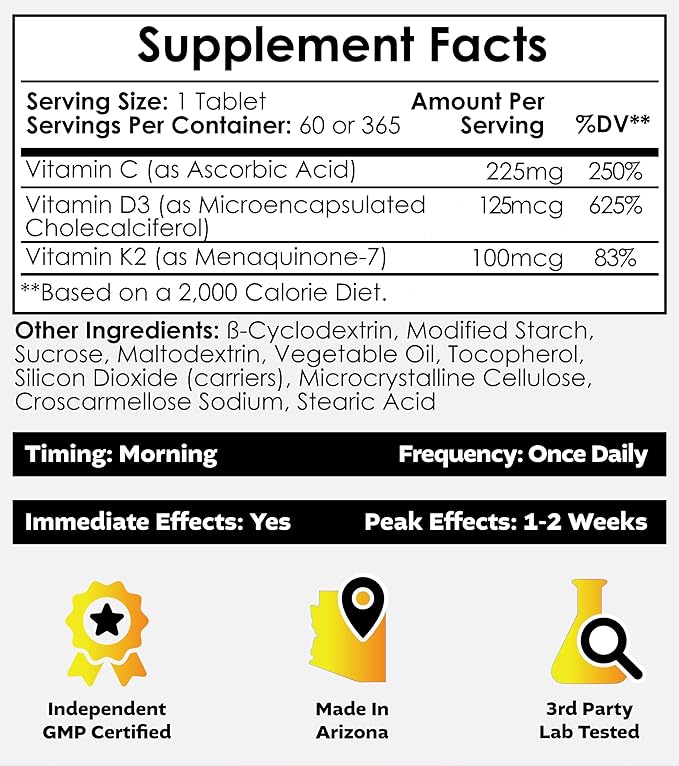 Nootropics Depot Vitamin D3 + K2 with Vitamin C Tablets | 365 Count | 125μg | Equivalent to 5000 IU | Year Supply