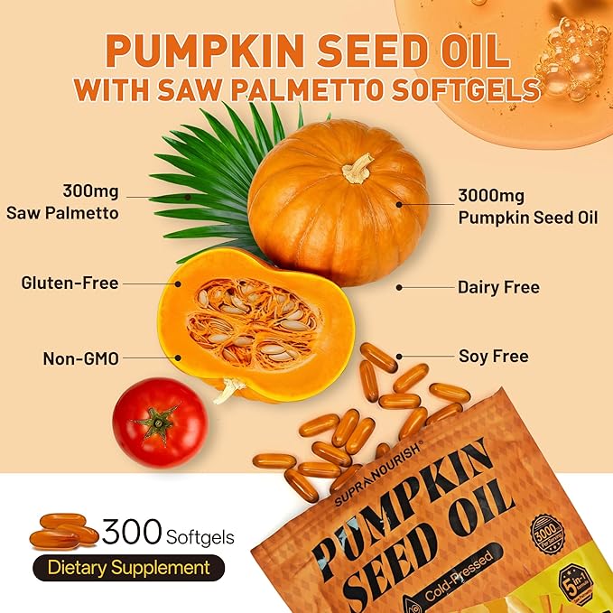 Pumpkin Seed Oil Complex 3000mg with Saw Palmetto Lycopene Zinc &amp Vitamin E – GMP Compliant Cold-Pressed Non-GMO 300 Softgels Daily Wellness &amp Antioxidant Support