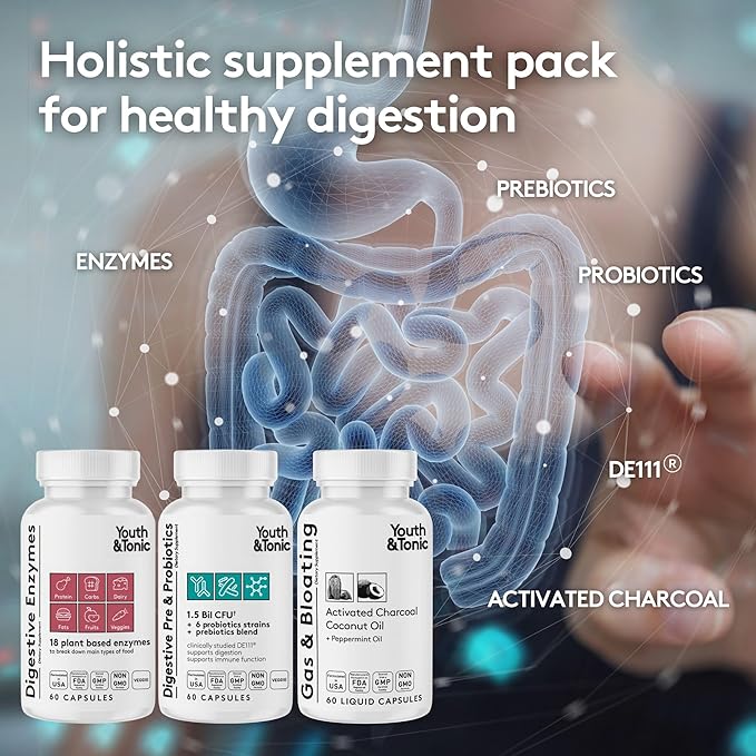 Youth &amp Tonic Bloating Relief with Pre &amp Probiotics from Water Retention Gas or Food Digestion with Water Pills Liquid Activated Charcoal and Digestive Enzymes Bundle Pack