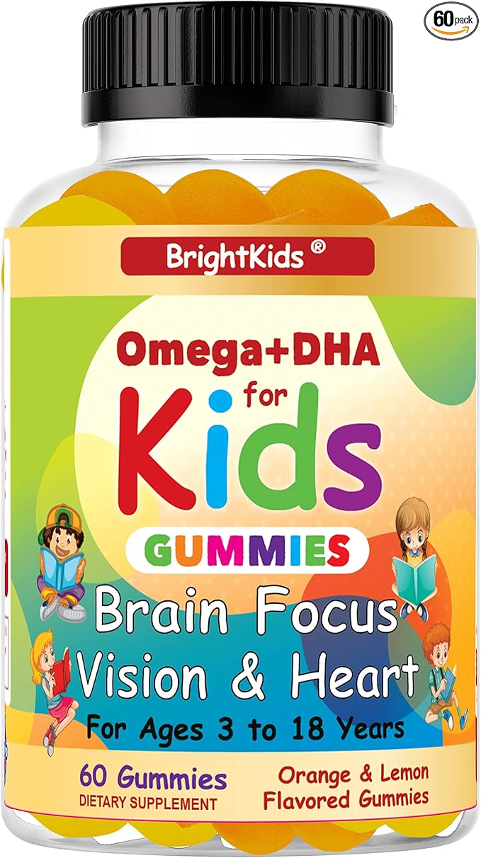BrightKids Omega 3 Focus Gummies for Kids &amp Teens – Kids Focus and Attention Supplements for Memory &amp Learning – Focus Gummies for Teens Omega DHA Supplement Fruity Flavor (60 Gummies)