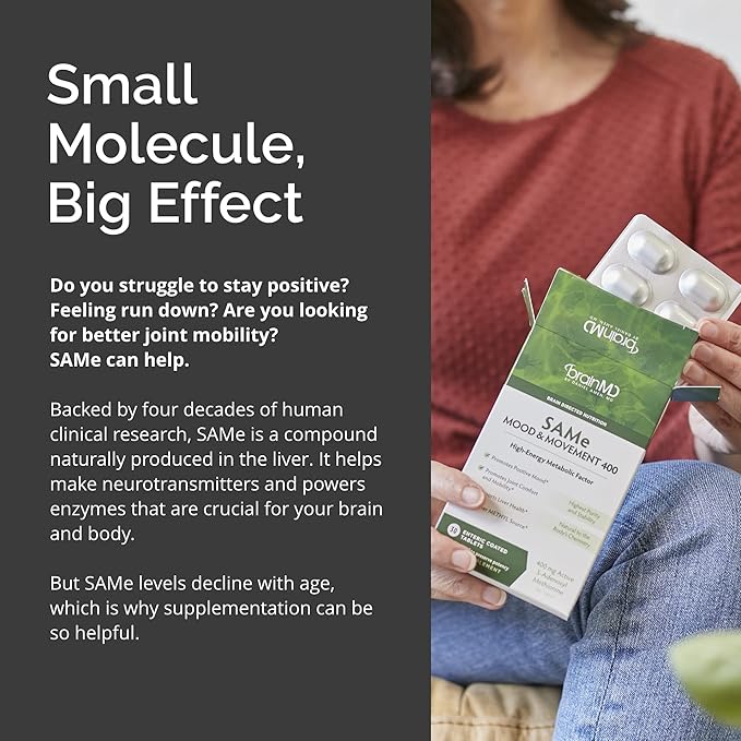 BRAINMD Dr Amen SAMe Mood &amp Movement 400 - 30 Tablets - Promotes Emotional Balance Liver Health Joint Comfort &amp Mobility - Gluten Free - 30 Servings