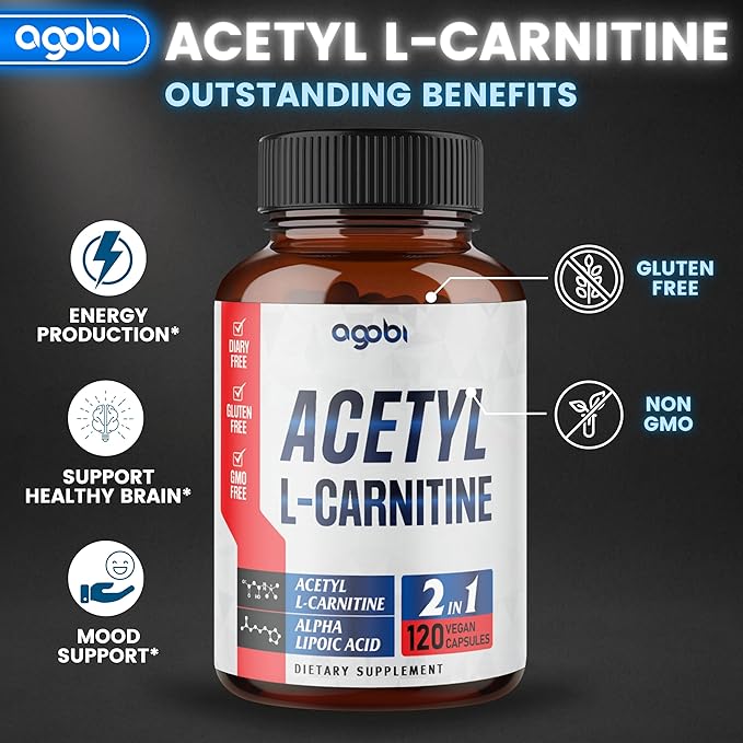 agobi Acetyl L-Carnitine &amp Alpha Lipoic Acid Complex 1500mg - Supplement for Brain Health Memory Focus &amp Mood Support - 120 Vegan Capsules for 2 Month Supply - Gluten-Free Non-GMO