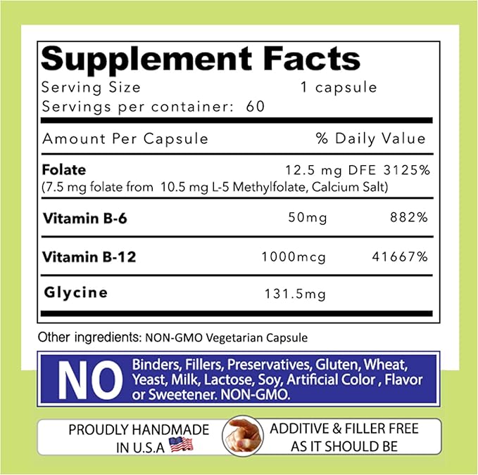 Our Daily Vites L-Methylfolate B Complex Cofactors &amp Essential Amino Acids (7.5mg) - Active Folate Methylated B12 Methylcobalamin B6 and Glycine - 60 Count