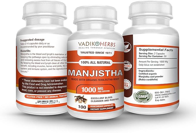 Vadik Herbs Pure Wild harvested Manjistha (Rubia cordifolia Indian Madder) - 100 vegicaps - Made in USA - Safety Tested - No GMO Vegan