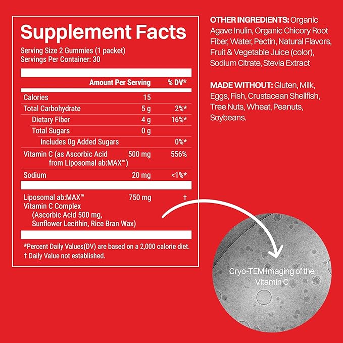 Liposomal Vitamin C for Adults 500mg Sugar-Free Gummies Immune Support Supplement Powerful Antioxidant Energy and Collagen Booster 30 Servings in Travel Pack - Strawberry Guava Flavor