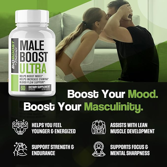 Male Boost Ultra - The Ultimate Male Supplement - Fast Acting Blood Flow Support - Gain Muscle Strength Stamina - Overall Test Level Support - HornyGoatWeed + 8 More - 60 Capsules