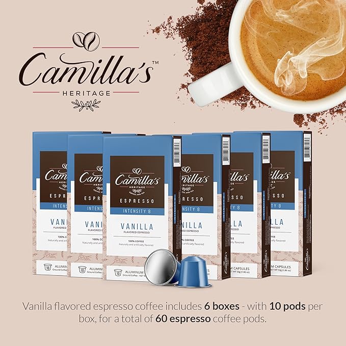 Camilla’s Heritage - Intensity 8 Vanilla Flavored Espresso Coffee Gourmet Espresso Cups 60 Coffee Pods