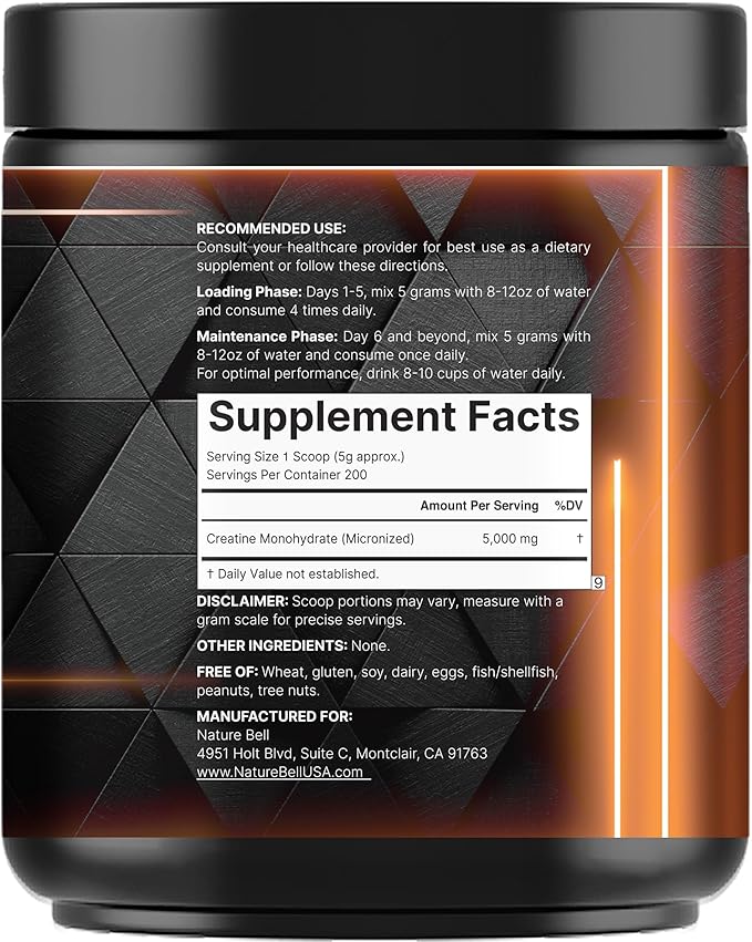 NatureBell Creatine Monohydrate Powder 1000g 5000mg Per Serving 200 Servings (2.2 lb) | Micronized Pure &amp Unflavored | Pre-Workout Muscle Support* | Keto Vegan Filler-Free