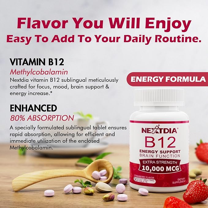 B12 Vitamins 10000 mcg Methylated Vitamin B12 Sublingual - Energy Boost Focus Metabolism &amp Brain Health Support Immune System Support Fast Dissolve Natural Strawberry Flavor 270 Servings