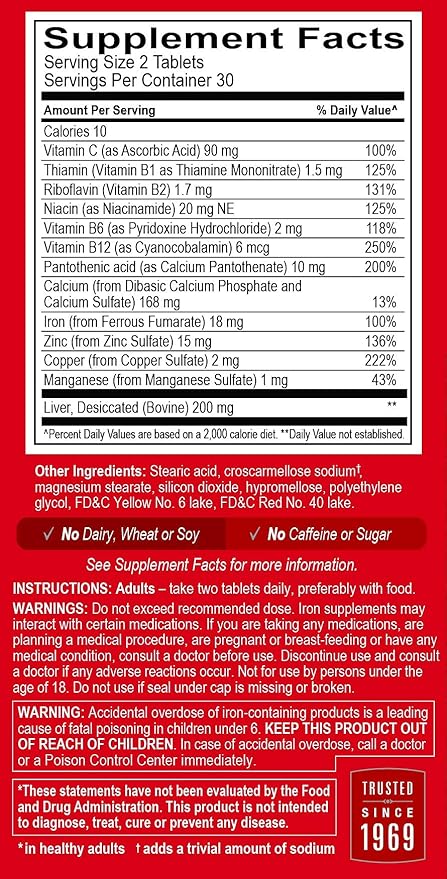 Globulo Rojo Iron Supplement - Dietary Supplement Pills with High Potency Iron &amp B Vitamins 60 Tablets - 6 Pack