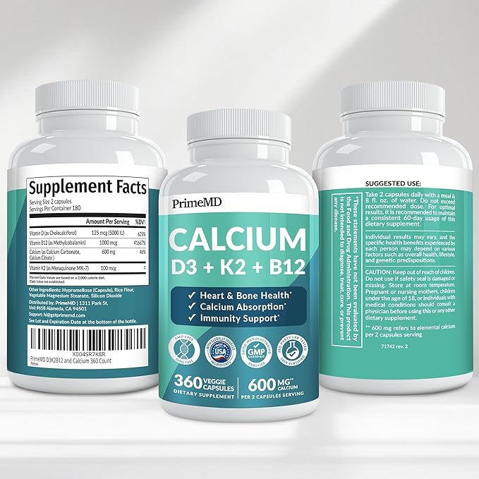 4-in-1 Calcium Supplements for Women &amp Men - Calcium Citrate with D3 K2 Vitamin 5000 IU - Calcium 600mg with Vitamin D3 K2 - Everyday Vitality Supplement - Vegan-Friendly Gluten-Free (360 Capsule