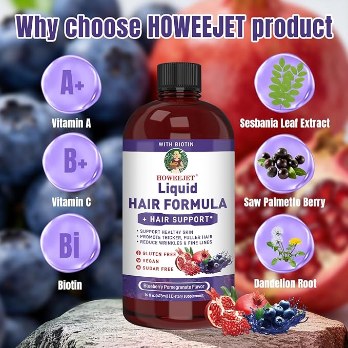 Liquid Multivitamin for Hair Formula | Biotin 2500mcg | Healthy Hair Habits | Clinically Tested for Thicker Hair &amp Skin Elasticity for Women | Ages 18+ | 16 Fl Oz (Blueberry Pomegranate Flavor)