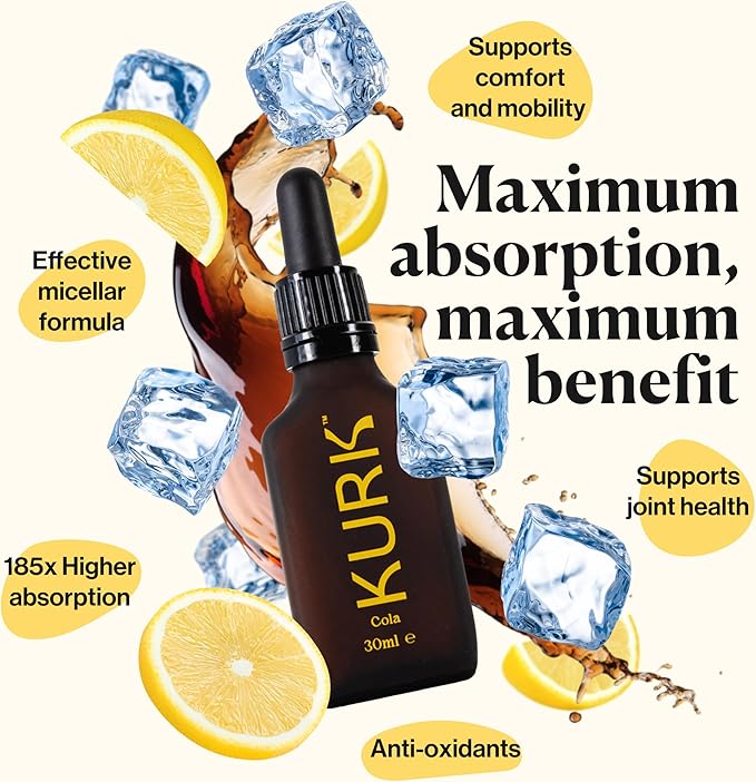 Kurk Essential Liquid Turmeric Curcumin Supplement Organic Turmeric Drops Oil for Advanced Everyday Wellness Focus &amp Energy 185x More Absorbable Than Powders Plant-Based (Cola) (1 Fl Oz)