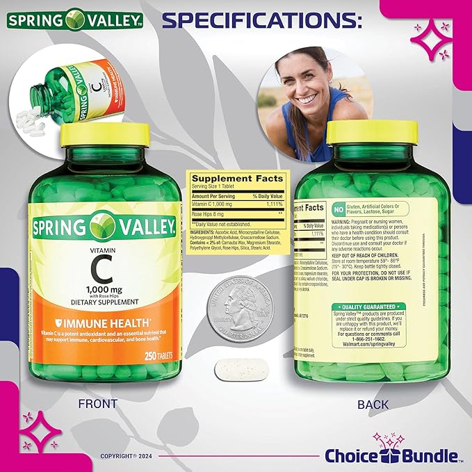 Choice Bundle Spring Valley Vitamin C 1000 mg Dietary Supplement Tablets with Rose Hips 250 Ct Plus Vitamin Guide &amp Portable Pill Container (3 Items)!