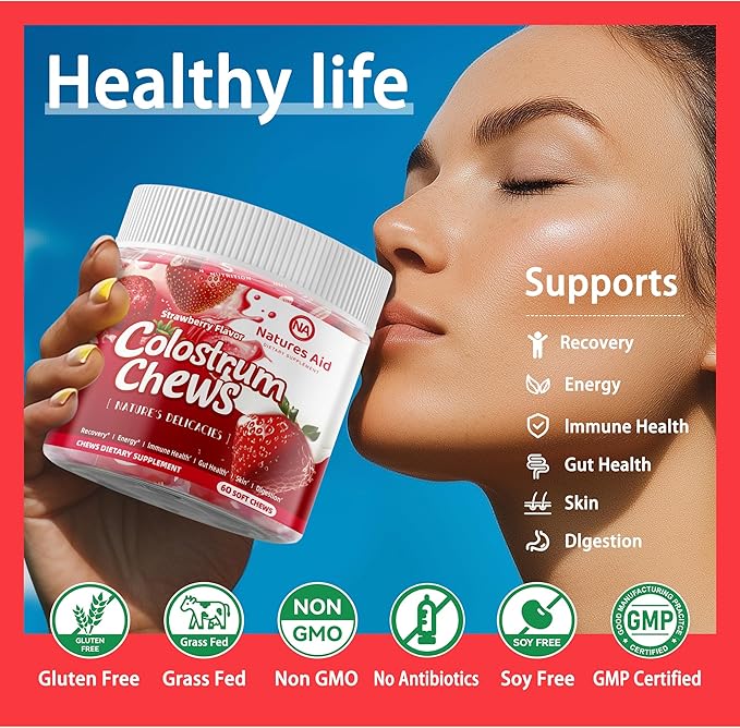 Colostrum Chews Supplement with probiotics for Gut Health Bloating Immune Support Skin Hair Growth and Beauty - Strawberry Flavor (60 Servings)