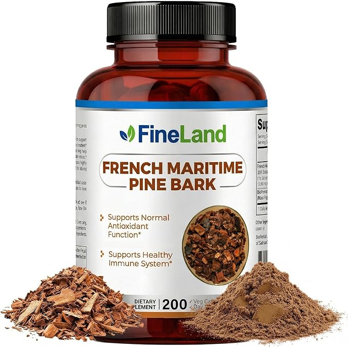 FineLand French Maritime Pine Bark 30:1 Extract Max Strength 450 mg Per Serving Antioxidant 200 Veggie Caps of Pine Bark Supplement for 200 Days 100% Natural