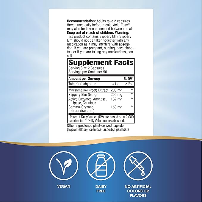 Nature's Way Acid Ease Digestive Support Supplement for Sensitive Stomachs* Marshmallow Root Extract Slippery Elm Bark Digestive Enzymes 180 Vegan Capsules (Packaging May Vary)