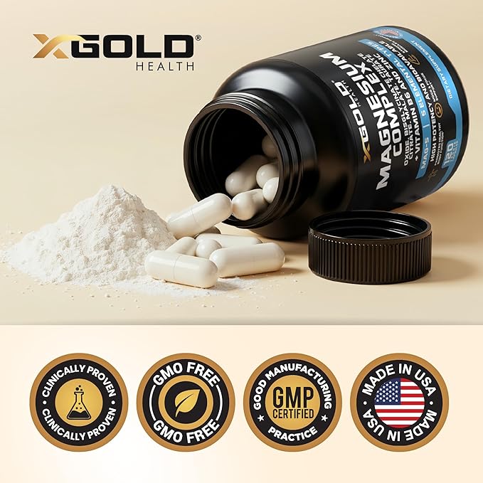 X Gold Health Magnesium Complex 5-in-1 with Zinc &amp B6 High Absorption Capsules (Glycinate Citrate Malate Taurate Oxide) Muscle Recovery Energy Sleep Support &amp Immune Health 500mg Made in