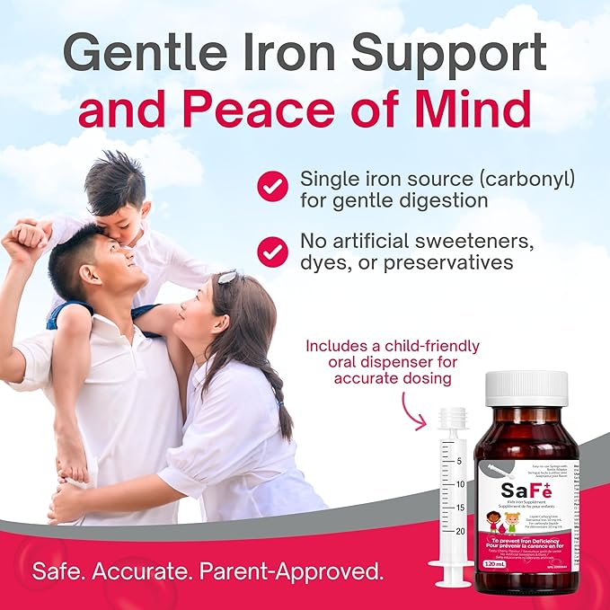 Safe+ Liquid Iron Supplement for Kids &amp Infants 10 mg/mL Carbonyl Iron Liquid Gentle on Stomach No Artificial Sweeteners or Dyes Great-Tasting Cherry Flavor 4 oz