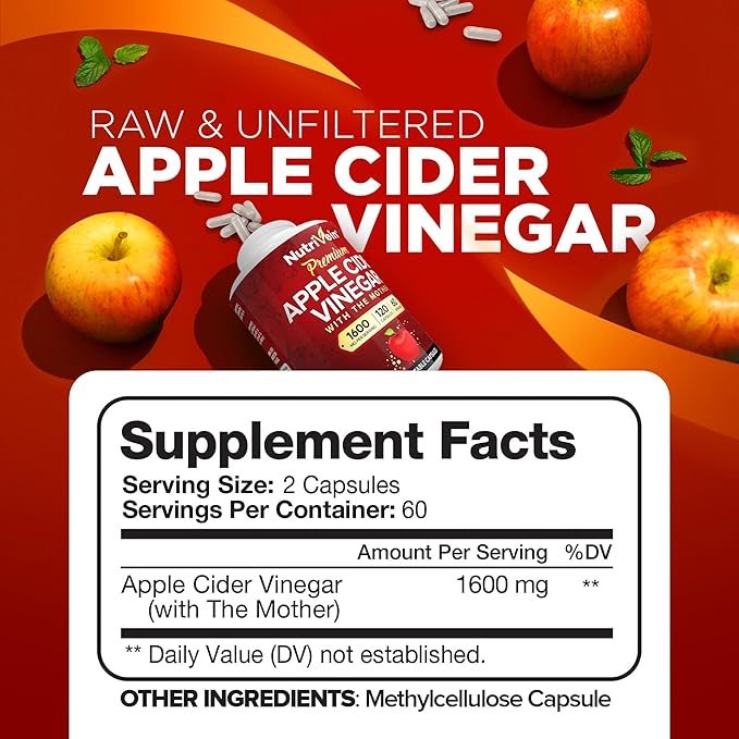 Nutrivein Premium Tart Cherry 500mg &amp Apple Cider Vinegar 1600mg Bundle - Muscle Recovery &amp Uric Acid Cleanse Plus Digestion Support &amp Weight Management - Non-GMO Vegan/Vegetarian - 90 +