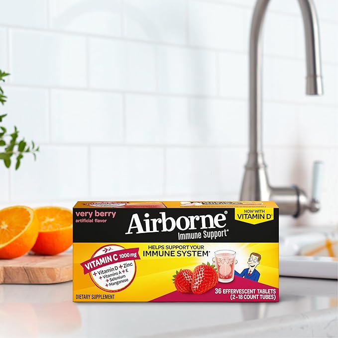 Vitamin C 1000mg (per serving) - Airborne Very Berry Effervescent Tablets (36 count in a box) Gluten-Free Immune Support Supplement With Vitamins A C E ZINC Selenium Echinacea &amp Ginger