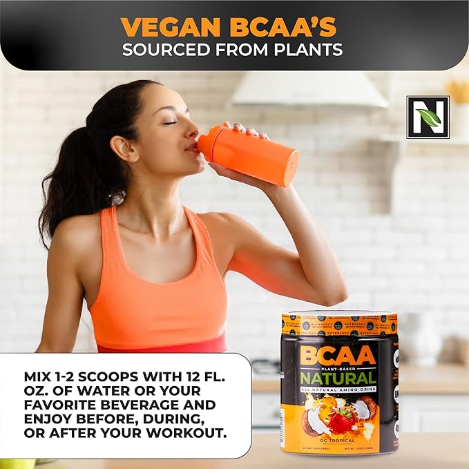 Nutrology BCAA Natural - Plant Based BCAA Powder Orange Coconut Flavor Optimized 2:1:1 Ratio Amino Acids Powder for Pre Workout &amp Post Workout Recovery Vegan Gluten-Free Non-GMO 30 Servings