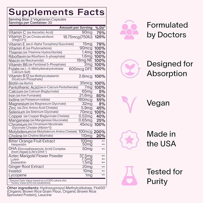 Ladywell Prenatal Multivitamin | Conception Pregnancy &amp Postpartum | Key Ingredients Including DHA Folate &amp Iron | Expertly-Formulated &amp Tested | Designed for Absorption with Nausea Supp