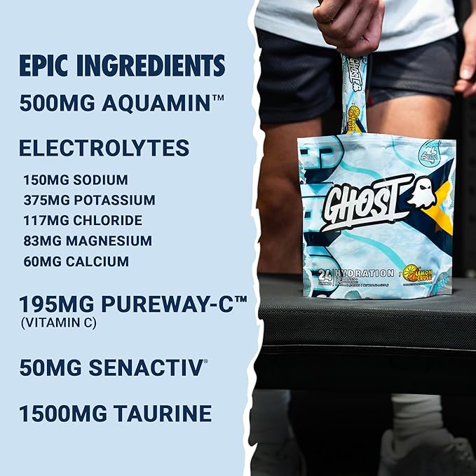 GHOST Hydration Packets Lemon Crush 24 Sticks Electrolyte Powder - Drink Mix Supplement with Magnesium Potassium Calcium Vitamin C - Vegan Friendly Free of Soy Sugar &amp Gluten