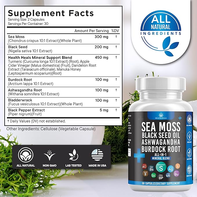 Sea Moss Black Seed Oil Ashwagandha Bladderwrack Burdock - 120 Count