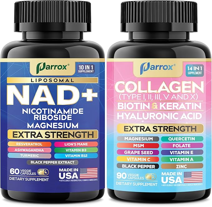 Forever Young Set with Liposomal NAD Nicotinamide Riboside Magnesium Resveratrol Lion's Mane Collagen Peptides Types I II III V and X Biotin &amp Keratin Hyaluronic Acid Zinc Quercetin
