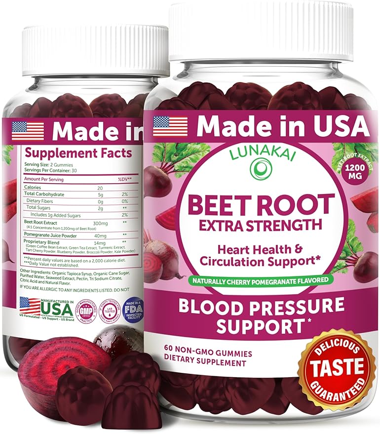 Lunakai USA Made Beet Root Gummies with Antioxidant Blend - Delicious Non-GMO Beet Chews 60ct