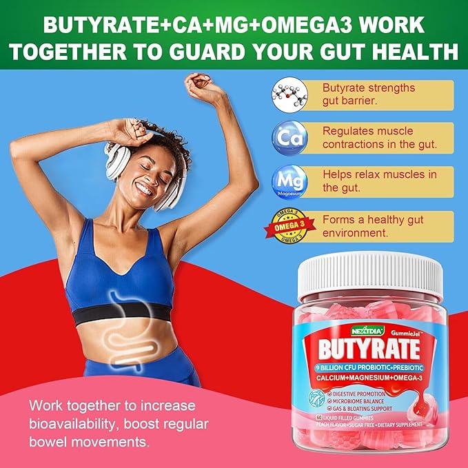 Nextdia Sugar-Free CoQ10 Filled Gummies + Butyrate Gummies with Probiotic + Prebiotic + Postbiotic