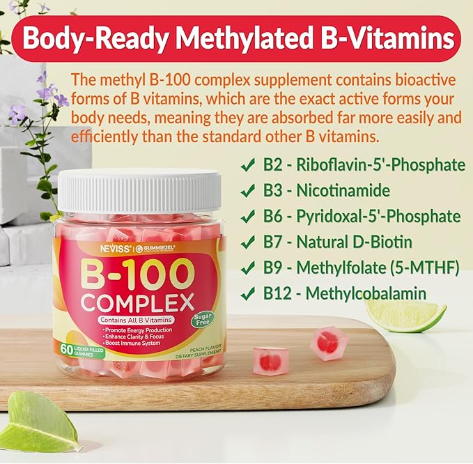 Super Vitamin B Complex Gummies - Methylated B Complex for Women &amp Men All B Vitamins Methyl B12 Methylfolate Vitamin C Choline Inositol PABA for Energy Brain &amp Immune 0g Sugar Vegan