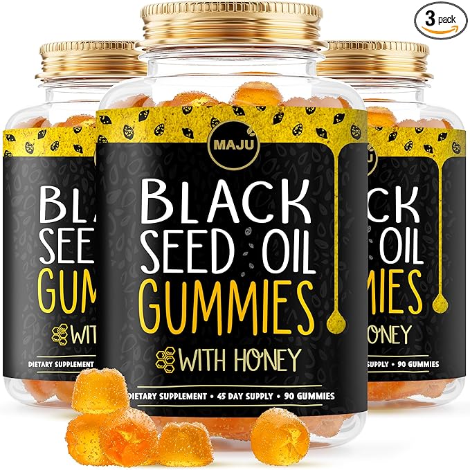 MAJU's Black Seed Oil Gummies with Honey 90ct 500mg BSO Gummy Black Cumin Seed Nigella Sativa Oil Cold-Pressed Potent Formula 90ct (3-Pack)