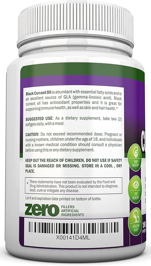 Black Currant Oil - 1000 Mg - 180 Softgels - Cold-Pressed Pure Black Currant Seed Oil - Hexane Free - 140mg GLA Per Serving - Regulates Hormonal Balance - Great For Immune System Hair and Skin