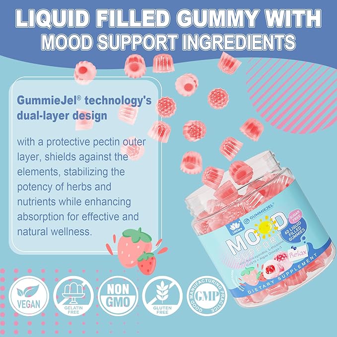 Ashwagandha Saffron Calm Gummies + Omega 3 L-Theanine &amp CoQ10 for Women Men Natural Calming Happy Relax Gummies for Adults Mood Support Supplement Gummy Strawberry Flavor Sugar Free Vegan 6