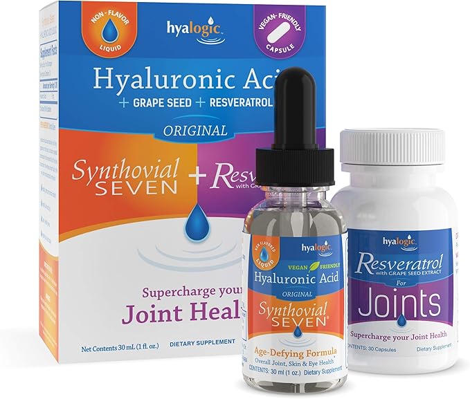Hyalogic Synthovial Seven Hyaluronic Acid Liquid &amp Resveratrol Capsules - HA Joint Support - Vegan - 1 oz