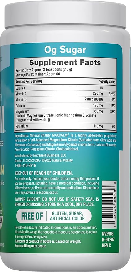 Natural Vitality Calm Magnesium Citrate &amp Calcium Supplement Drink Mix Powder Supports a Healthy Response to Stress Gluten Free Vegan &amp Non-GMO Original 16 oz