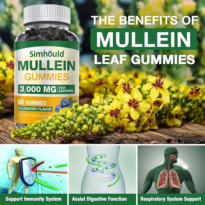 2 Pack Sugar Free 3000MG Mullein Gummies - Lung Cleanse Mullein Leaf Extract Supplement for Respiratory Organic Mullein Drops with Quercetin &amp Bromelain for Lung Digestive Health &amp Immune