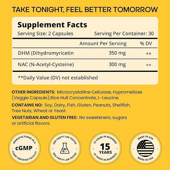 DHM with NAC - 650mg x 60 Capsules - 300mg N-Acetyl-Cysteine 350mg Dihydromyricetin - Max Strength Dietary Supplement for Liver Support Hydration