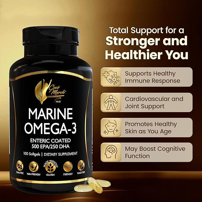 Cocó March N.M.D Marine Omega-3 Fish Oil – High Potency Omega 3 Supplement with 500 mg EPA &amp 250 mg DHA – Enteric Coated No Fishy Burps &amp Aftertaste – Omega-3 Fish Oil for Women &amp Men 3-